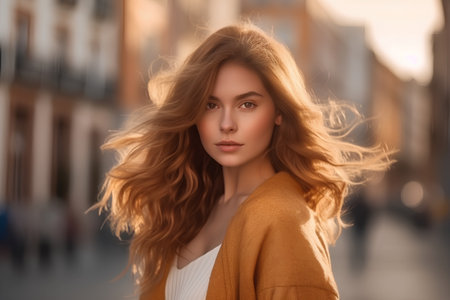 Portrait of a beautiful young woman with long wavy hair.の素材