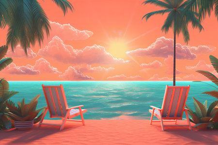 Beach with two deckchairs and palm trees. 3d renderの素材