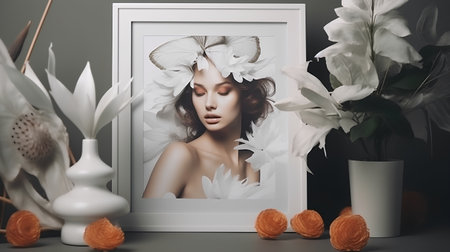 Portrait of a beautiful young woman with flowers in a photo frameの素材