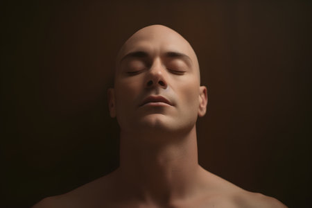 Portrait of a handsome man with closed eyes on a dark backgroundの素材