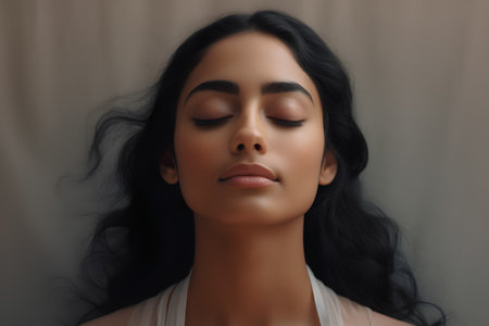 Portrait of a beautiful young asian woman with closed eyes.の素材