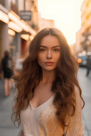 Portrait of a beautiful young woman with long curly hair in the cityの素材
