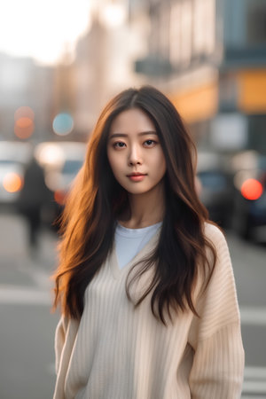 Portrait of young beautiful asian woman walking in the city.の素材