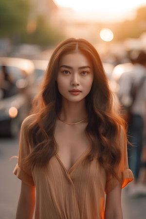 Beautiful asian girl with long hair in a city street.の素材