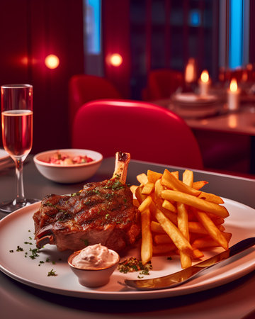 Roasted lamb chops with french fries and sauce on a restaurant tableの素材