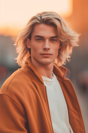 Portrait of a handsome young man in an orange coat. Men's beauty, fashion.の素材