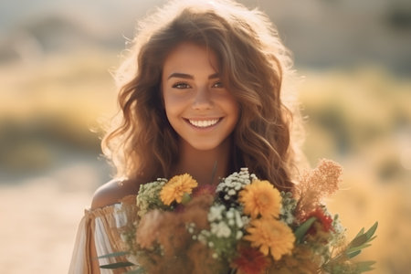 Beautiful young woman with bouquet of flowers on the beach.の素材