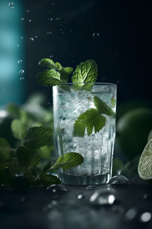Mojito cocktail with lime, mint and ice on dark backgroundの素材