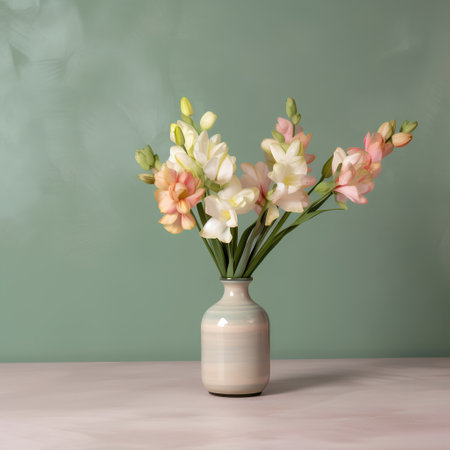 Bouquet of spring flowers in a vase on the tableの素材