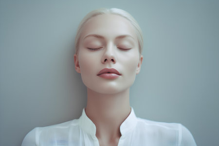 Portrait of a beautiful young woman with closed eyes and closed eyes.の素材