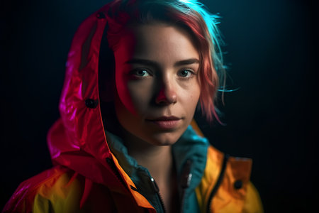 Portrait of a beautiful girl in a raincoat on a dark backgroundの素材