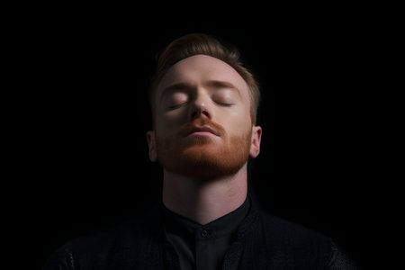 Portrait of a redhead man with closed eyes on black backgroundの素材