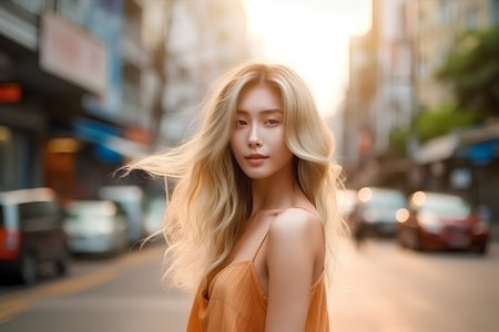 Portrait of a beautiful woman with long blond hair in the cityの素材