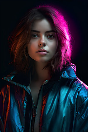 Portrait of a beautiful woman in a fashionable jacket on a dark backgroundの素材