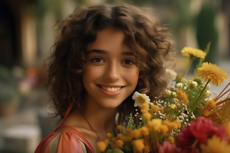 Portrait of beautiful young woman with a bouquet of flowers.の素材