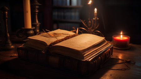Old books and candles on a wooden table in a dark room.の素材