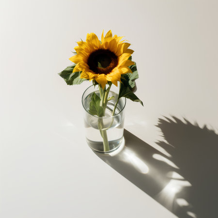 Sunflower in a glass vase on a white background. Sunlight.の素材