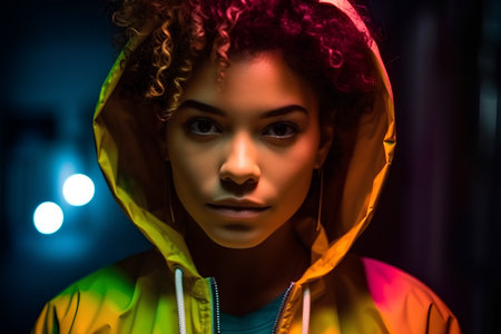 Beautiful african american woman with afro hairstyle wearing raincoatの素材