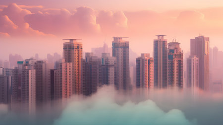 Cityscape and skyscrapers in the fog at sunset. 3d renderingの素材