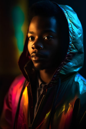 Portrait of a young african american woman in neon lightの素材