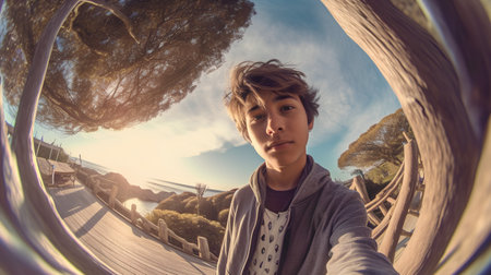 A teenage boy taking a selfie in a skate park in Valencia, Spain.の素材