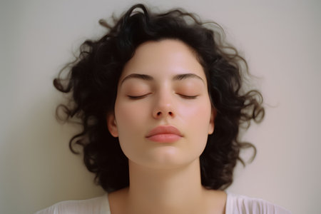 Portrait of beautiful young woman with long curly hair and closed eyesの素材