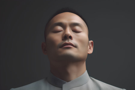 Portrait of a young asian man with closed eyes on dark backgroundの素材