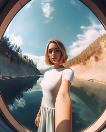 Beautiful woman in a white dress on the background of the lakeの素材