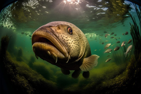 Underwater world. Big fish swimming in the ocean. 3d renderの素材