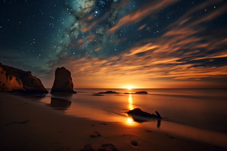 Beautiful seascape with milky way over rocks and seaの素材