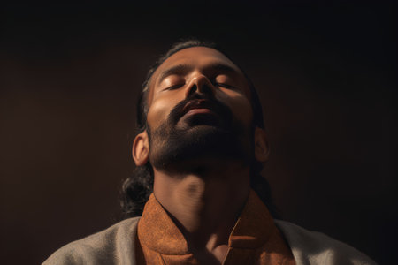 Portrait of a young man with beard and mustache. Studio shot.の素材