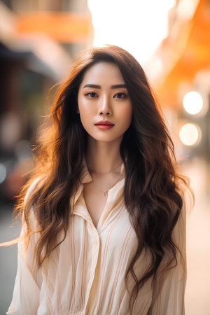 Portrait of beautiful young asian woman with long brown curly hairの素材