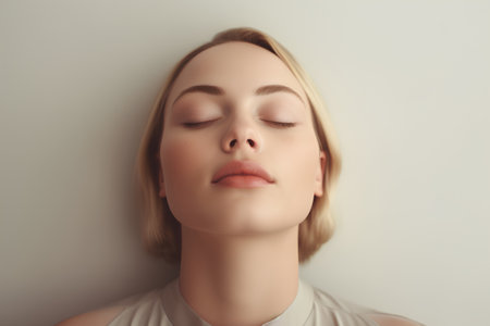 Portrait of a beautiful young woman with closed eyes and closed eyesの素材