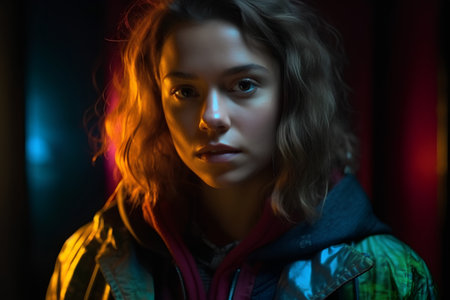 Portrait of a beautiful young woman in a dark room with colored lightsの素材