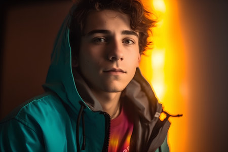 Portrait of a handsome young man in a blue jacket with hoodの素材