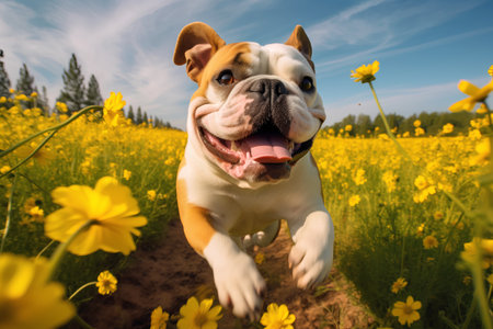 Funny English bulldog running in the field of yellow flowers.の素材