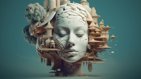 3D rendering of a female face with a sculpture in the background.の素材