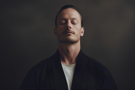 Portrait of a handsome young man with closed eyes on dark backgroundの素材
