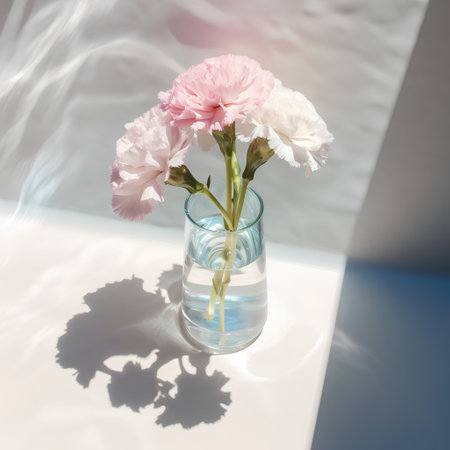 Carnation flowers in glass vase on white background with shadowsの素材