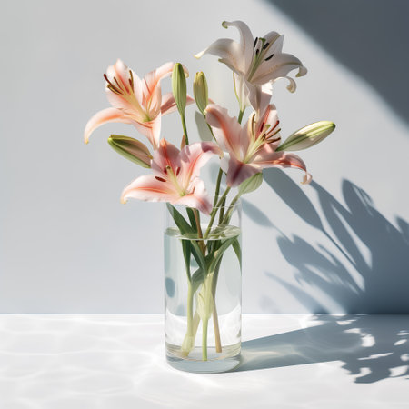 Bouquet of lilies in a glass vase on a white background.の素材