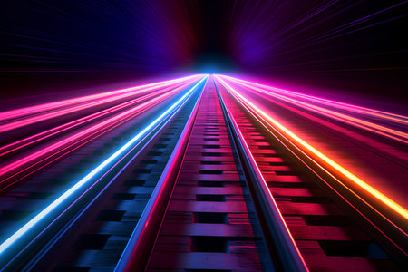 Motion blur of train track with colorful light trails in tunnel, abstract backgroundの素材