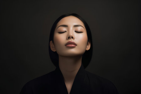 Portrait of beautiful asian woman with closed eyes on dark backgroundの素材