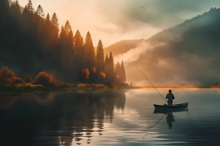 Fisherman in a boat on the lake at sunrise. Colorful autumn landscape.の素材
