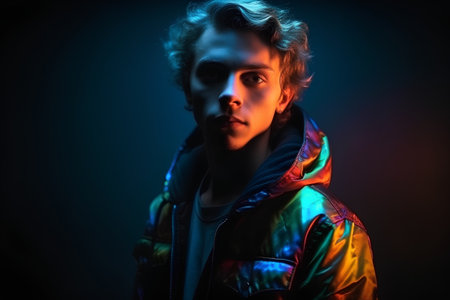 Portrait of a handsome young man in colorful neon light. Studio shot.の素材