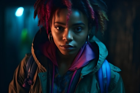 Portrait of african american woman with dreadlocks on dark backgroundの素材