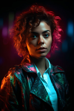 Portrait of a beautiful young woman with curly hairstyle in neon light. Beauty, fashion.の素材