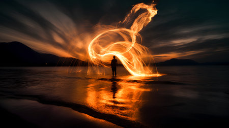 Flaming woman at the beach at sunset with long exposure effectの素材