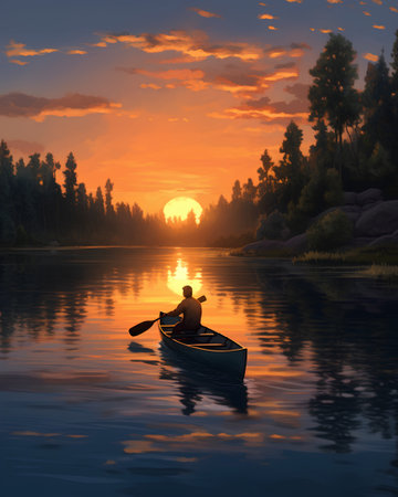 Man in a boat on the lake at sunset. 3d renderの素材