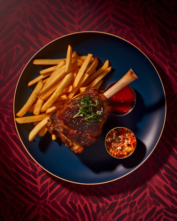 Grilled steak with french fries and sauce on a blue plate.の素材