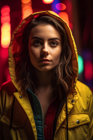 Portrait of a beautiful young brunette woman in a yellow raincoat.の素材
